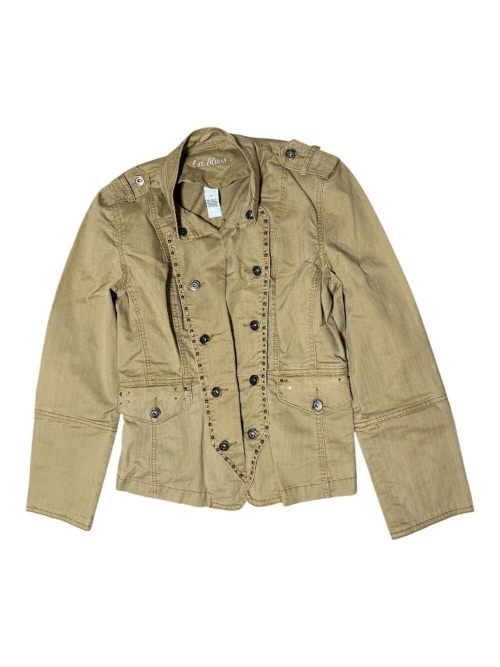 Womens Military Style Jacket Y2K Small Rhinestones Vintage LA Blues Tan Retro